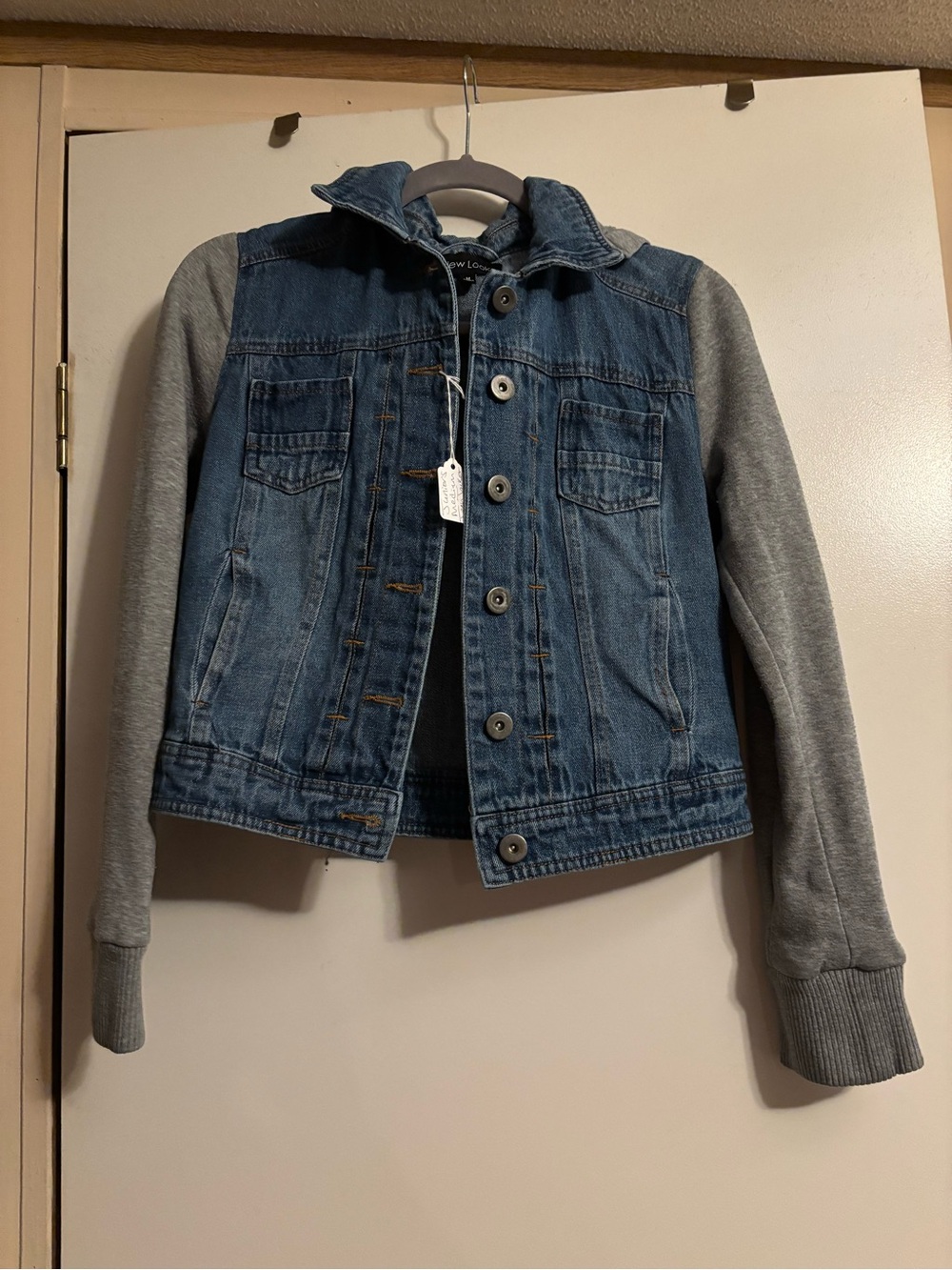 New Look Blue Denim Jacket with Gray Knit Sleeves